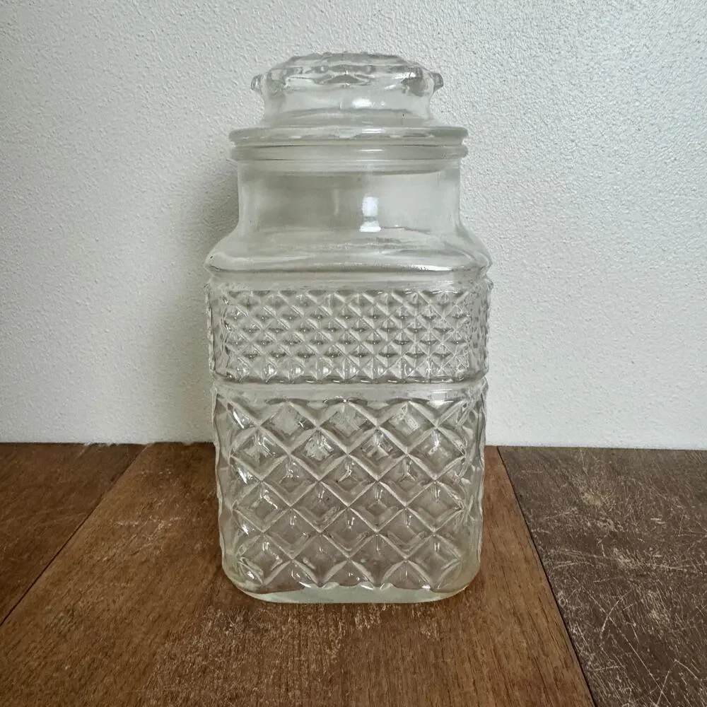 Vintage Clear Pressed Glass Diamond Point Square Apothecary Jar Canister Lid‎